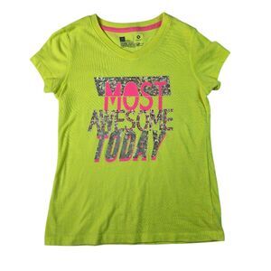 Xersion Girls‎ Neon Yellow Tshirt M 10/12 Glitter "Most Awesome Today" Vneck